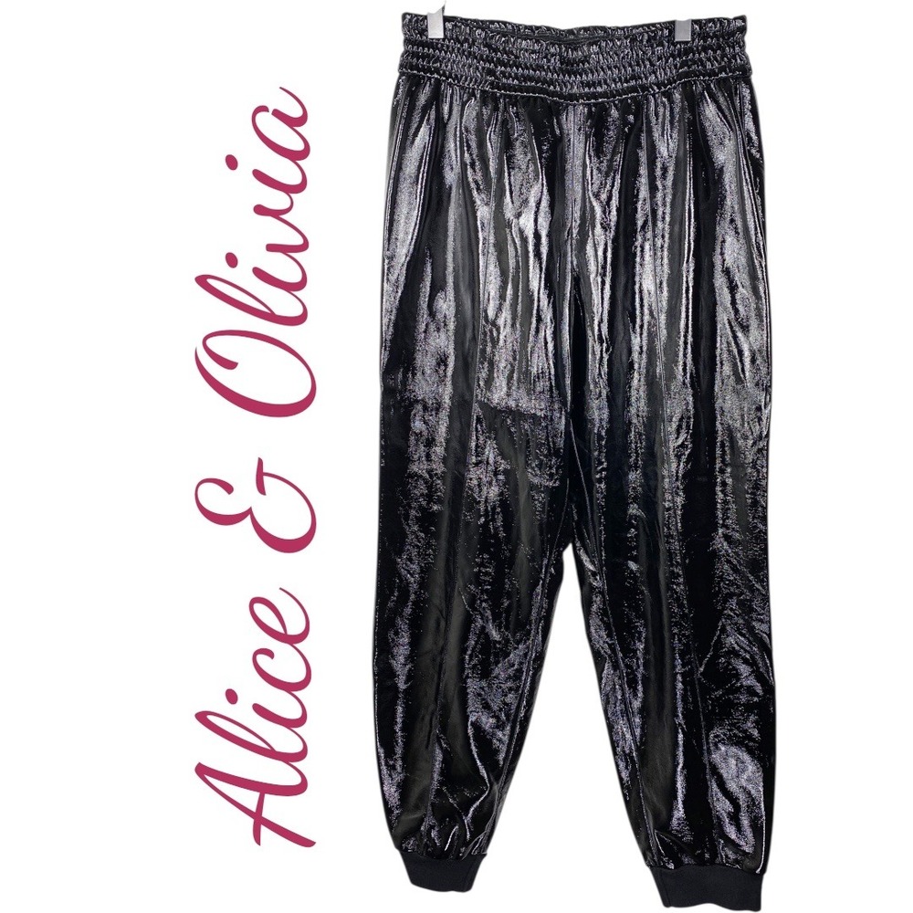 NWT Alice Olivia Pete Black Vinyl Patent Faux Leather Jogger Pants Maximalist  L
